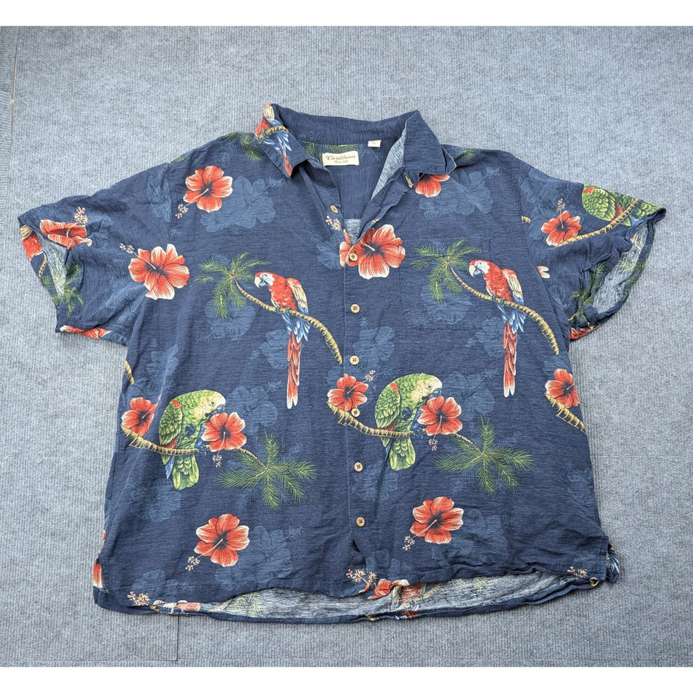 Caribbean Hawaiian Shirt Mens 3XB Silk Tropical Vacation Coastal Beach Parrot
